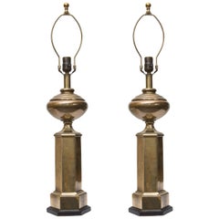 Stately Pair of Hexagonal Brass Lamps