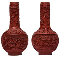 Antique Pair of Chinese Red Cinnabar Lacquered Bottle Vases