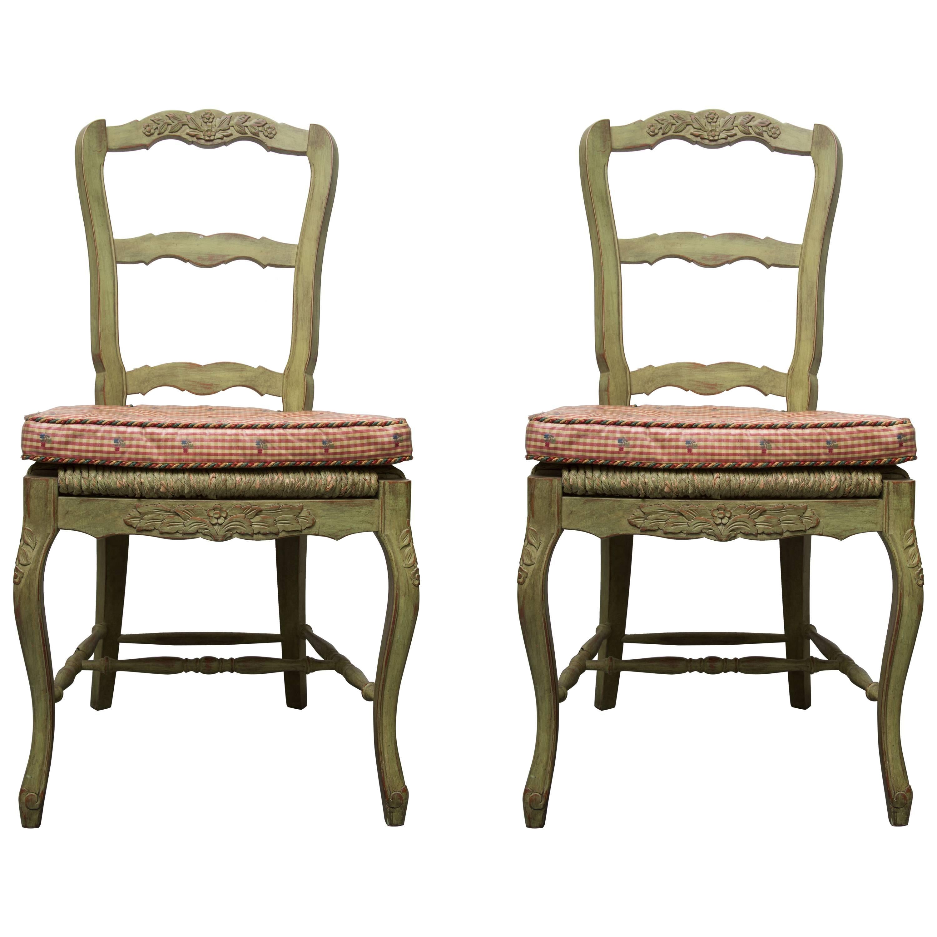 Pair of Green-Painted Oak Louis XV Style Side Chairs