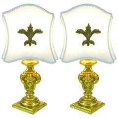 1980s Pair of Italian Small Giltwood Bedside Table Lamps with Hand-Sewn Shades