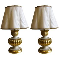 Pair of Italian Giltwood Ivory Painted Table Lamps with Hand-Sewn Shades 1980s