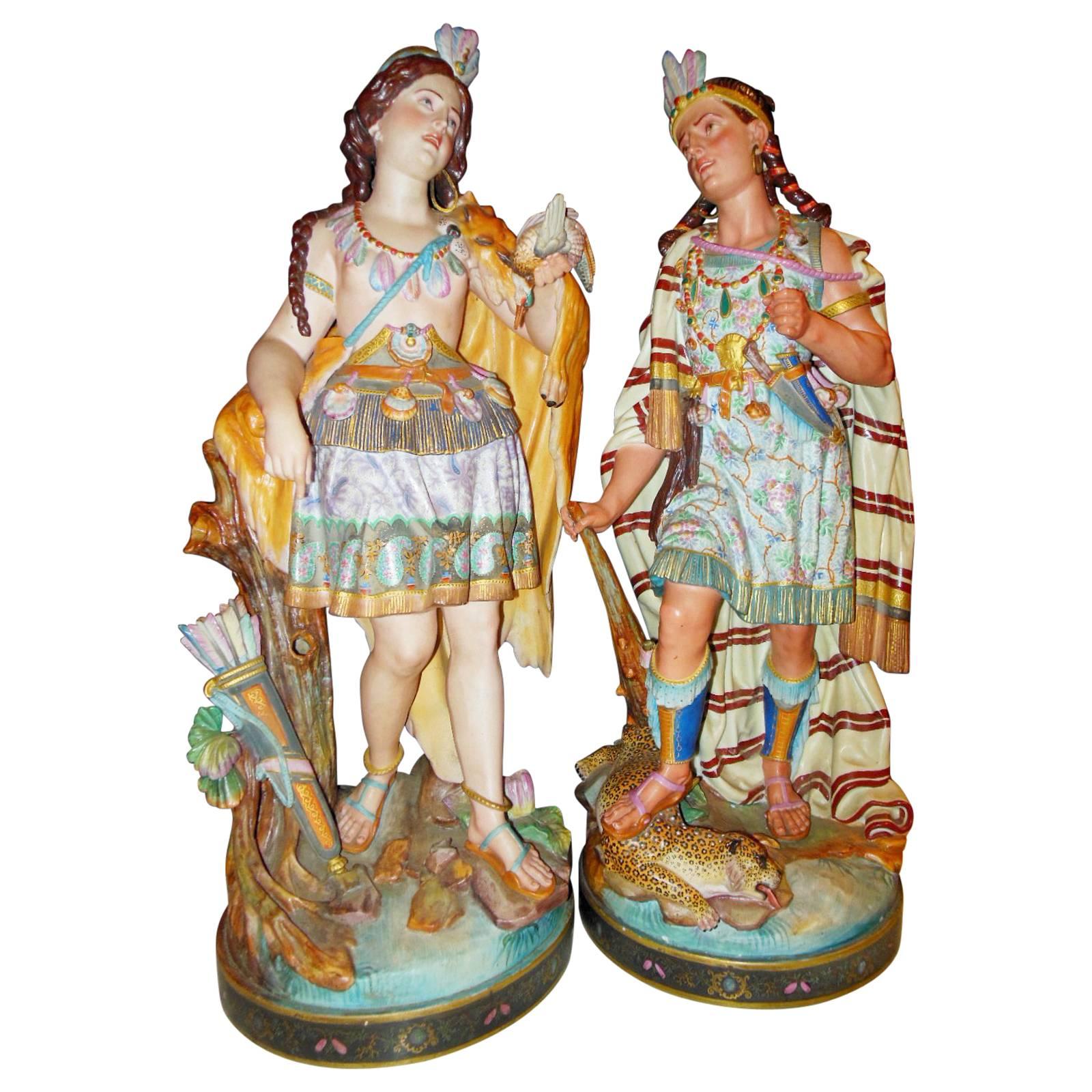 19th Century French Biscuit Figurines, 27" Tall of Native Americans For Sale