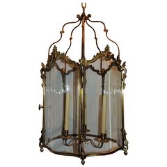 Wonderful French Louis XVI Large Bronze Curved Panel Glass Lantern Fixture