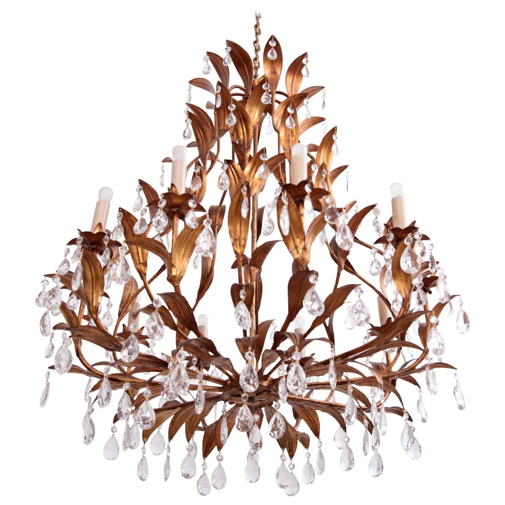 Very Huge Gilt Metal and Crystal Glass Chandelier in the Manner of Hans Kögl For Sale