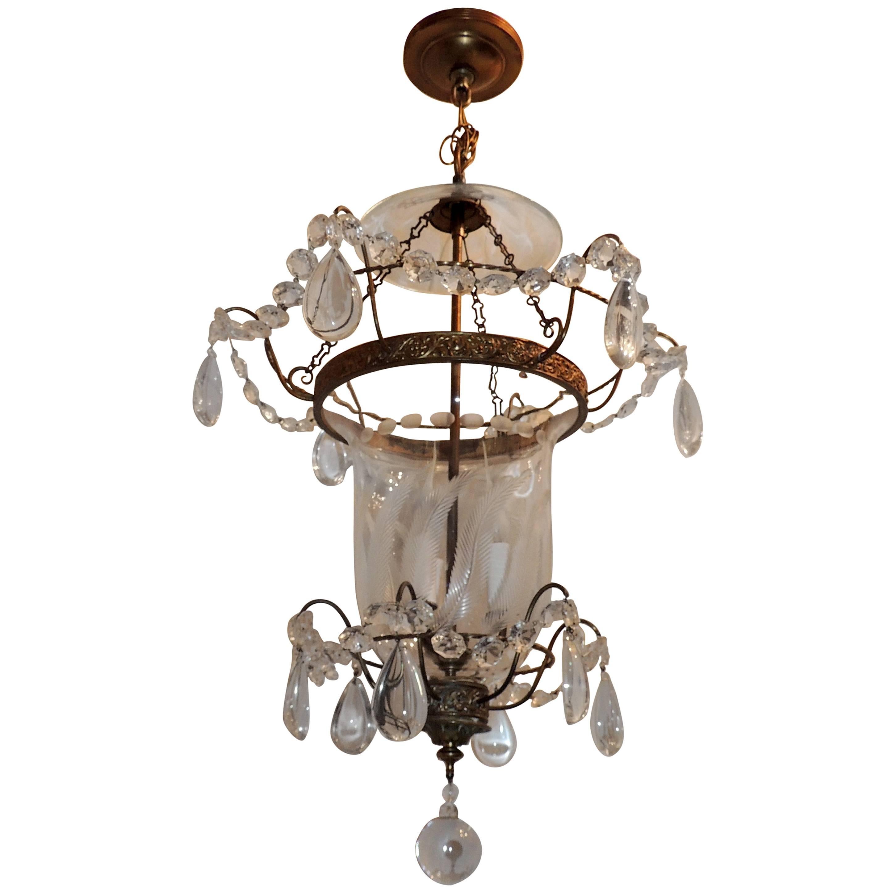 Wonderful Etched Glass Leaf Bronze Crystal Regency Neoclassical Bell Jar Lantern