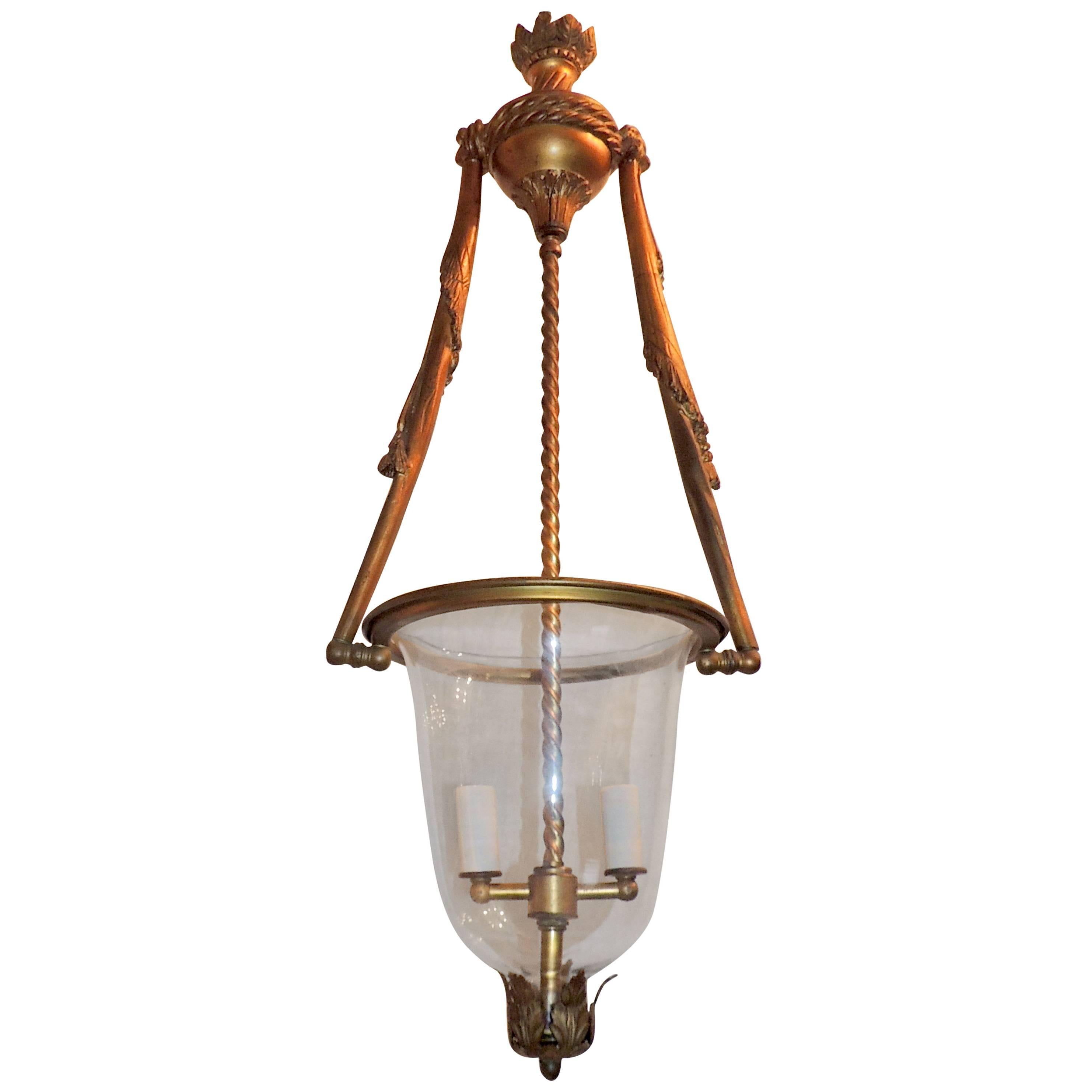 Wonderful French Bronze & Crystal Glass Bell Jar Tassel Lantern Fixture Pendent