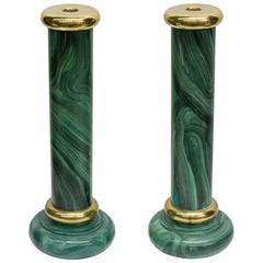 Vintage Pair of 1970s Faux-Malachite Finish Candleholders