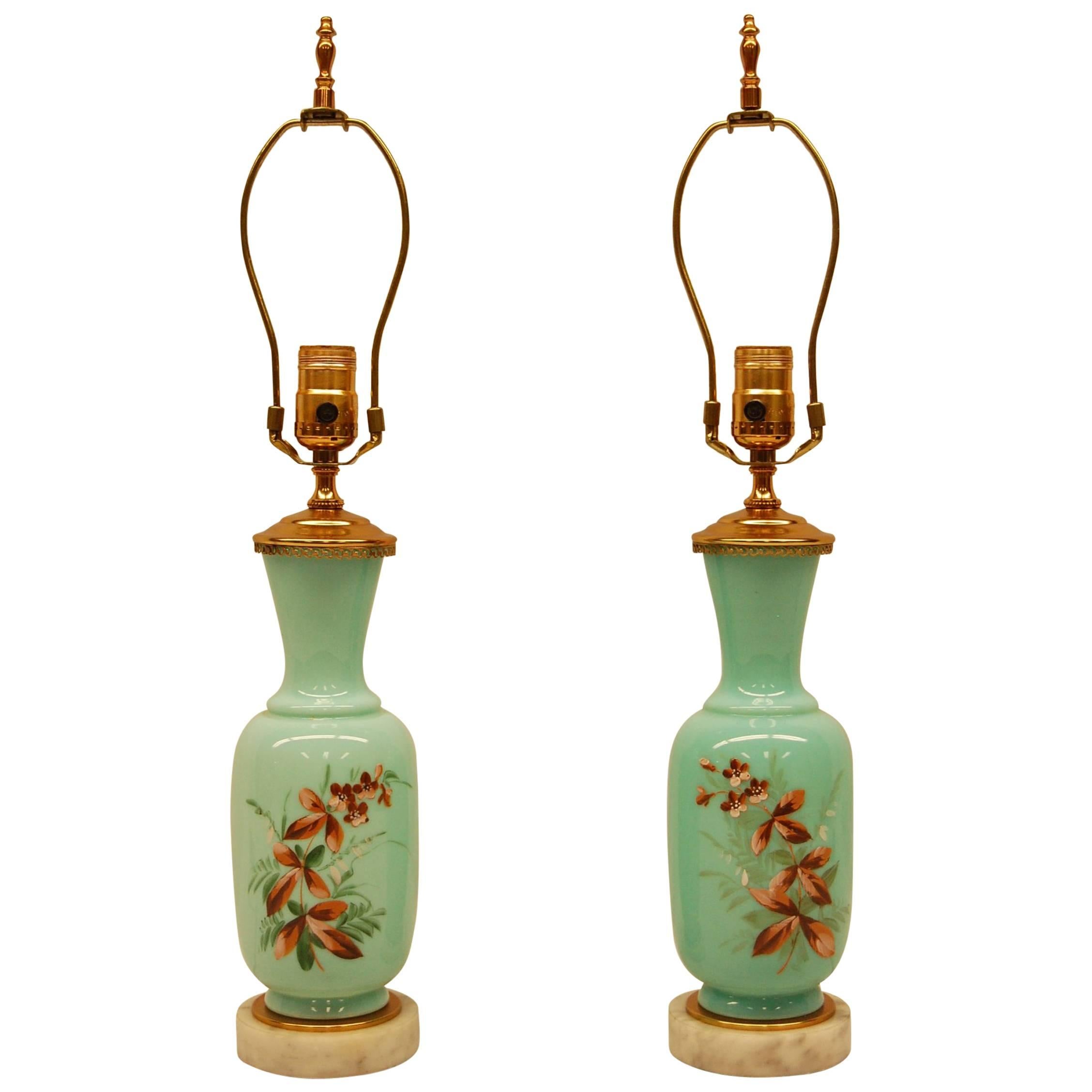 19th Century, English Opaline Hand-Painted Vases Wired as Lamps