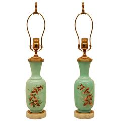 19th Century, English Opaline Hand-Painted Vases Wired as Lamps Antique 19th Century, English Opaline Hand-Painted Vases Wired as Lamps