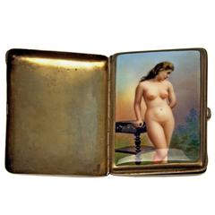 Silver Erotica Cigarette Case Painting Antique Lady Nude Germany, circa 1890