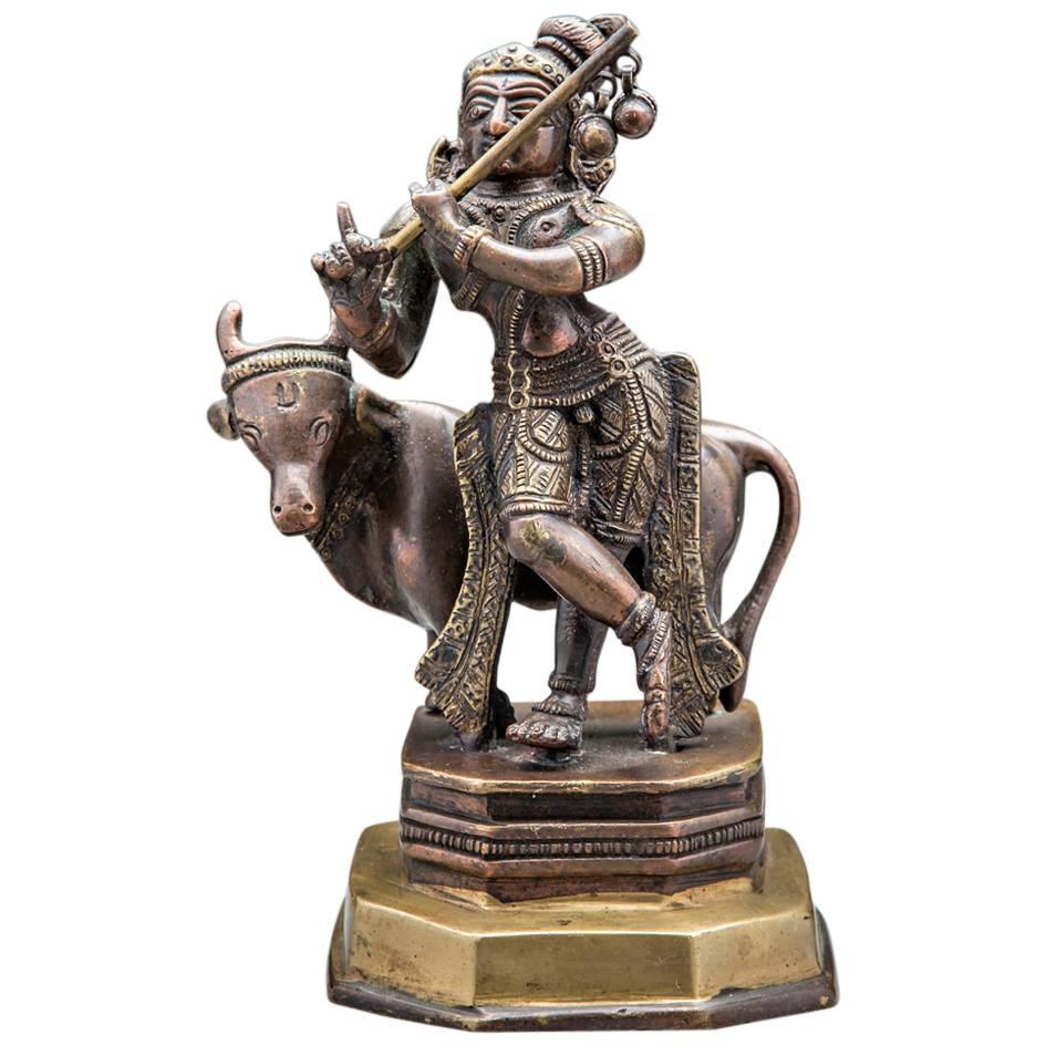 19th Century Bronze Statue of Krishna Playing the Flute For Sale