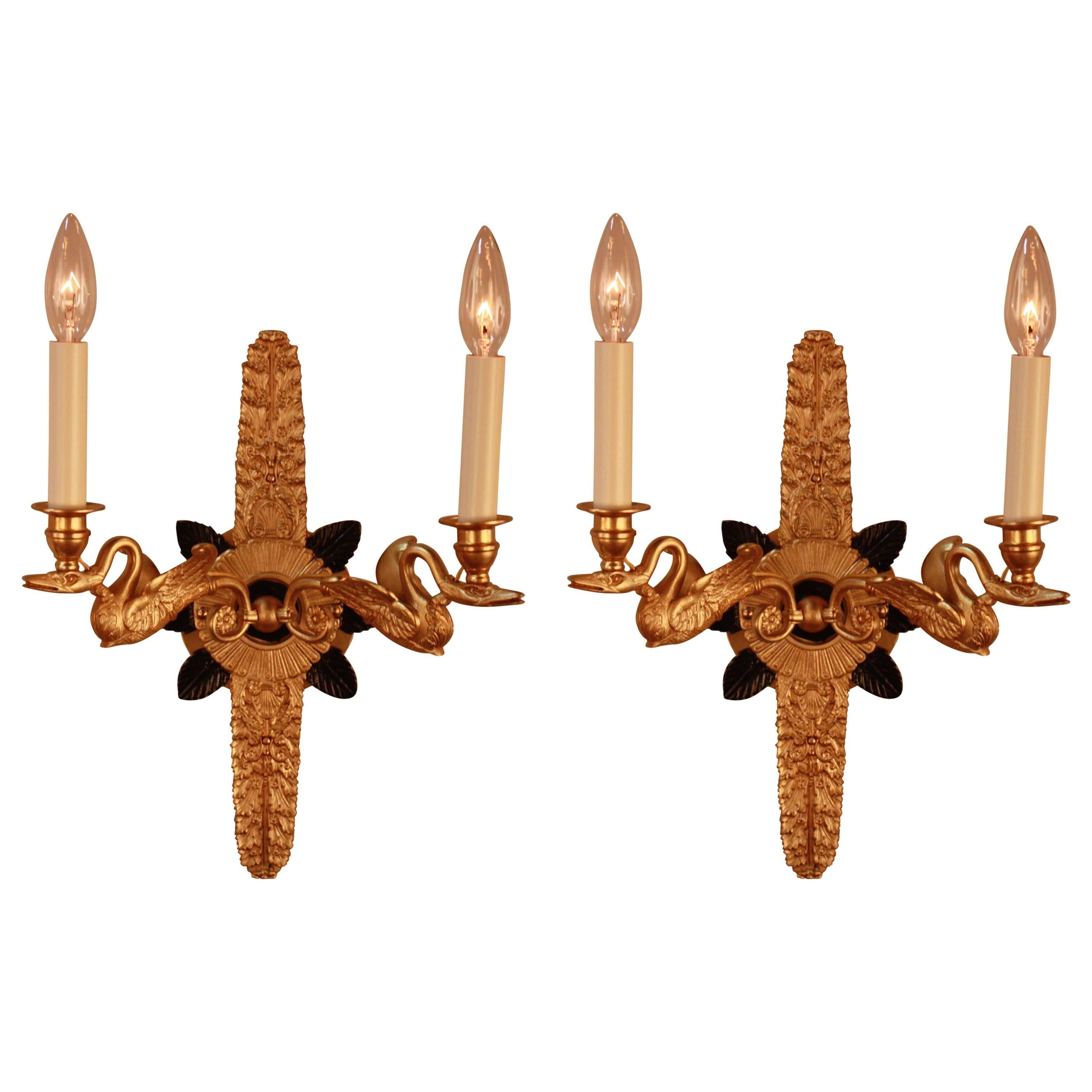 Pair of French Empire Style Bronze Swan Wall Sconces