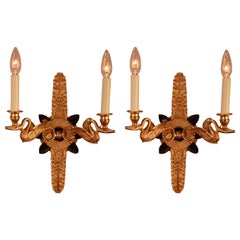 Pair of French Empire Style Bronze Swan Wall Sconces