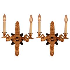 Pair of French Empire Style Bronze Swan Wall Sconces 4