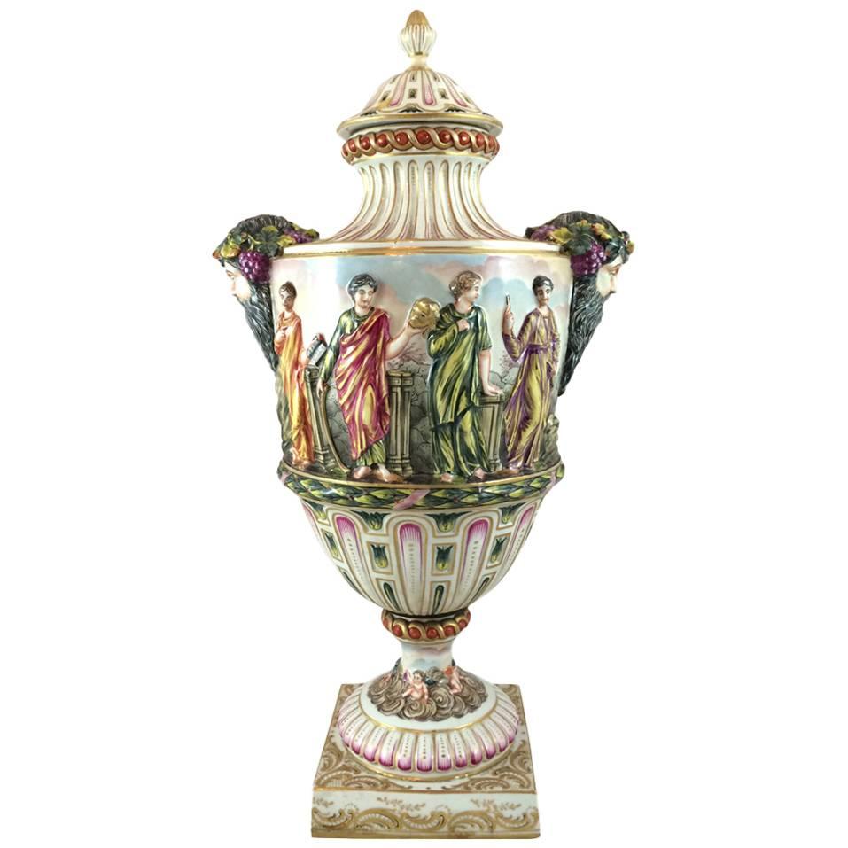 Antique Capodimonte Hand-Painted Urn with Lid