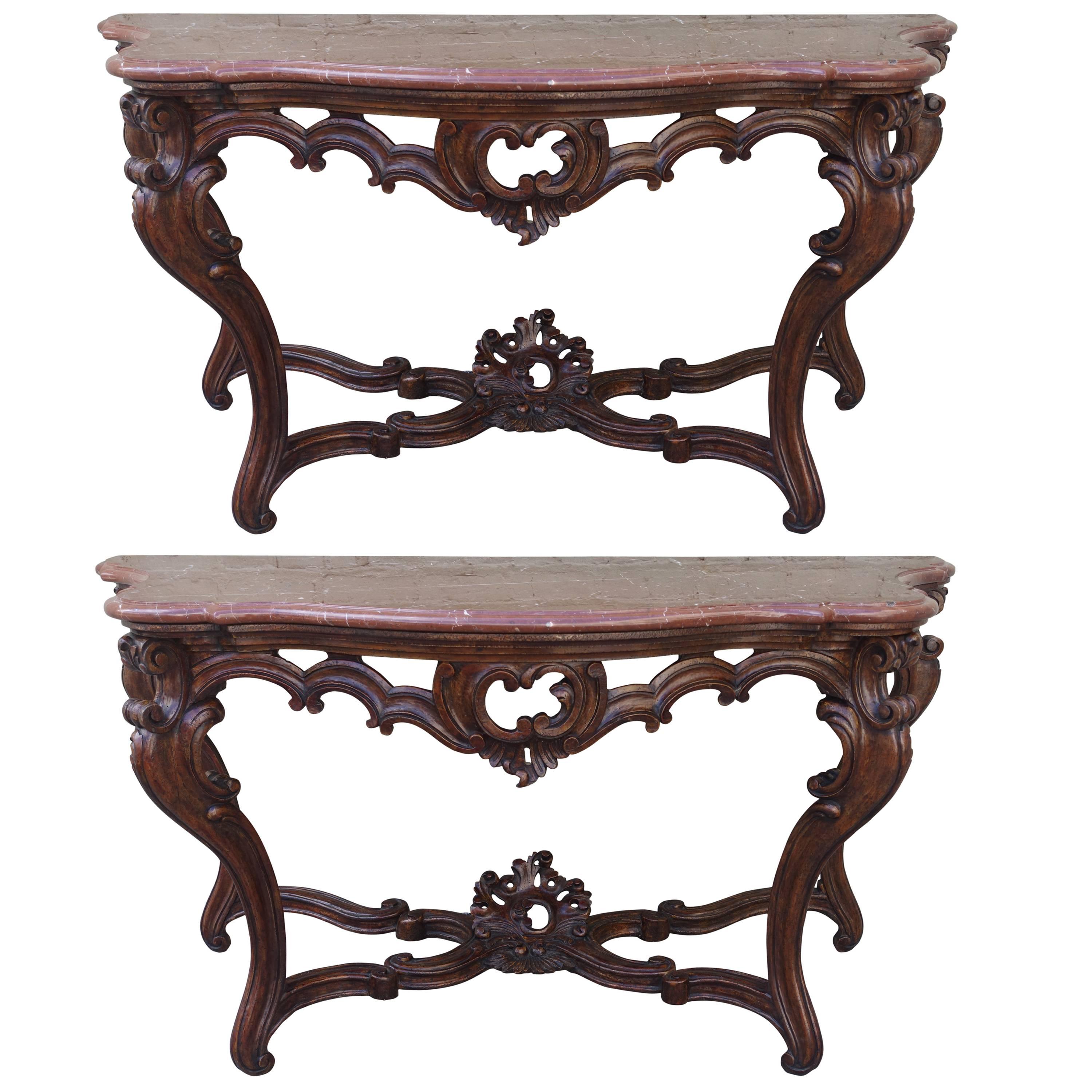 Pair of 19th Century French Consoles with Marble Tops