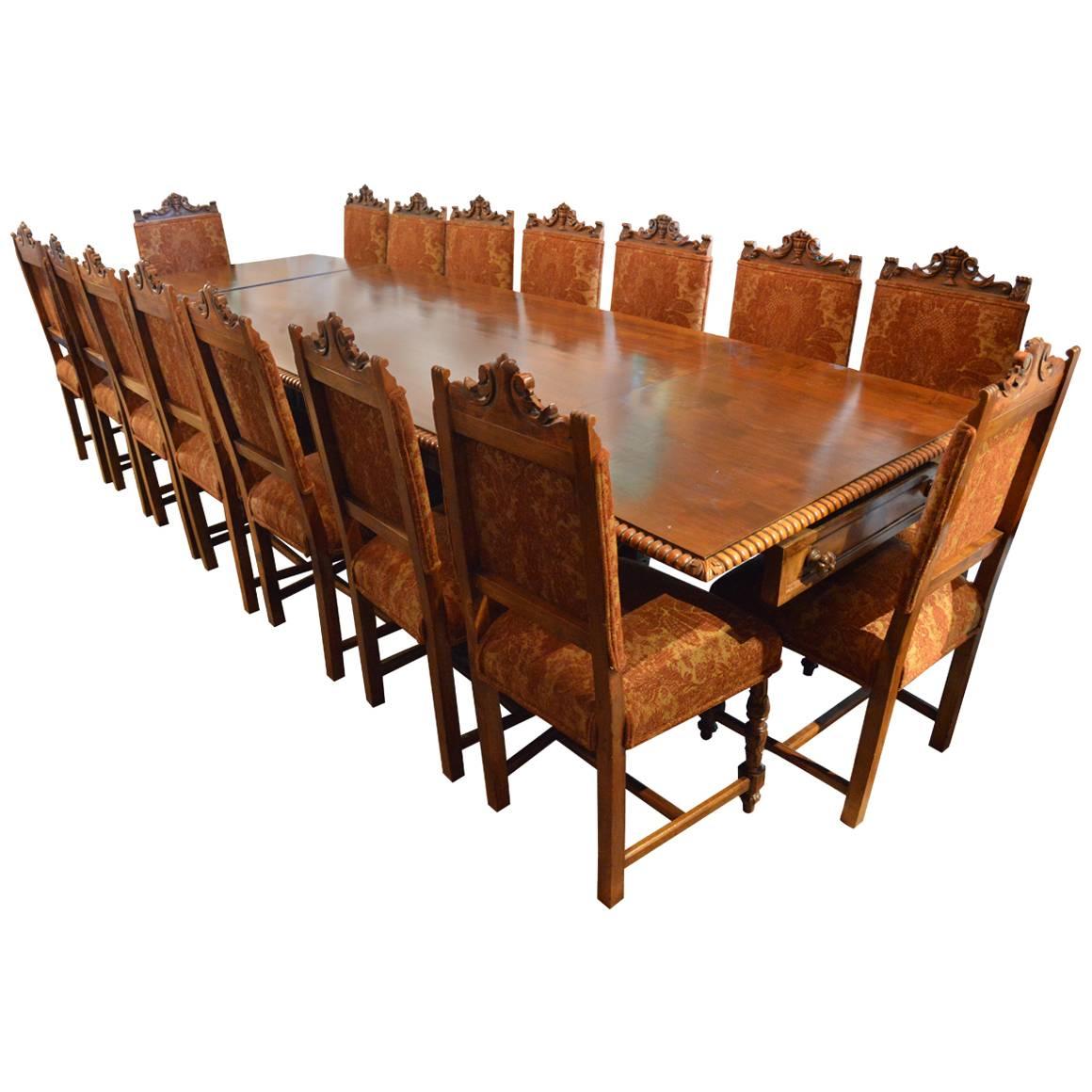 Very Large 19th Century Italian Hand-Carved Dining Set with 18 Chairs