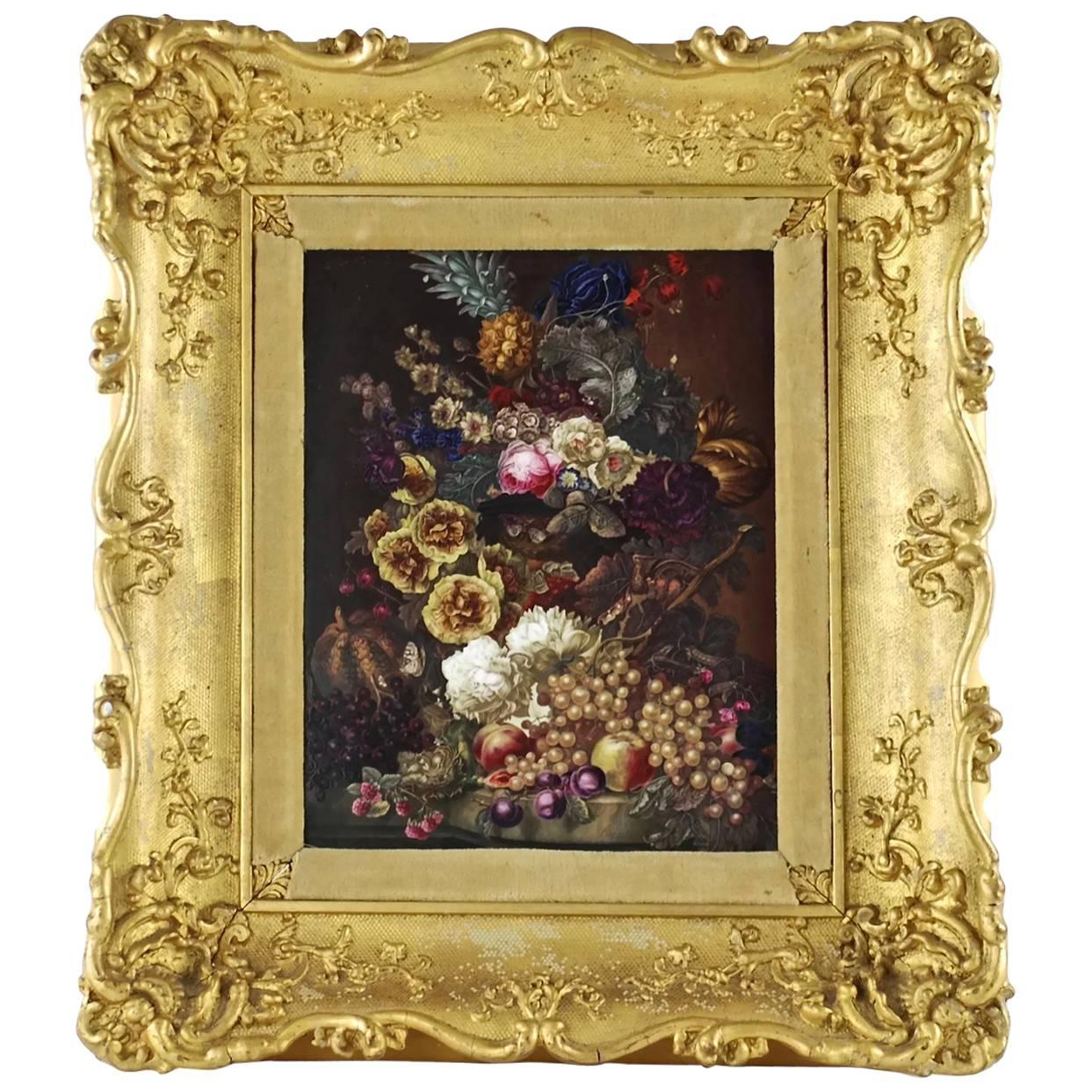 Thomas Brentnall Still Life with Fruit and Flowers in Carved Giltwood Frame