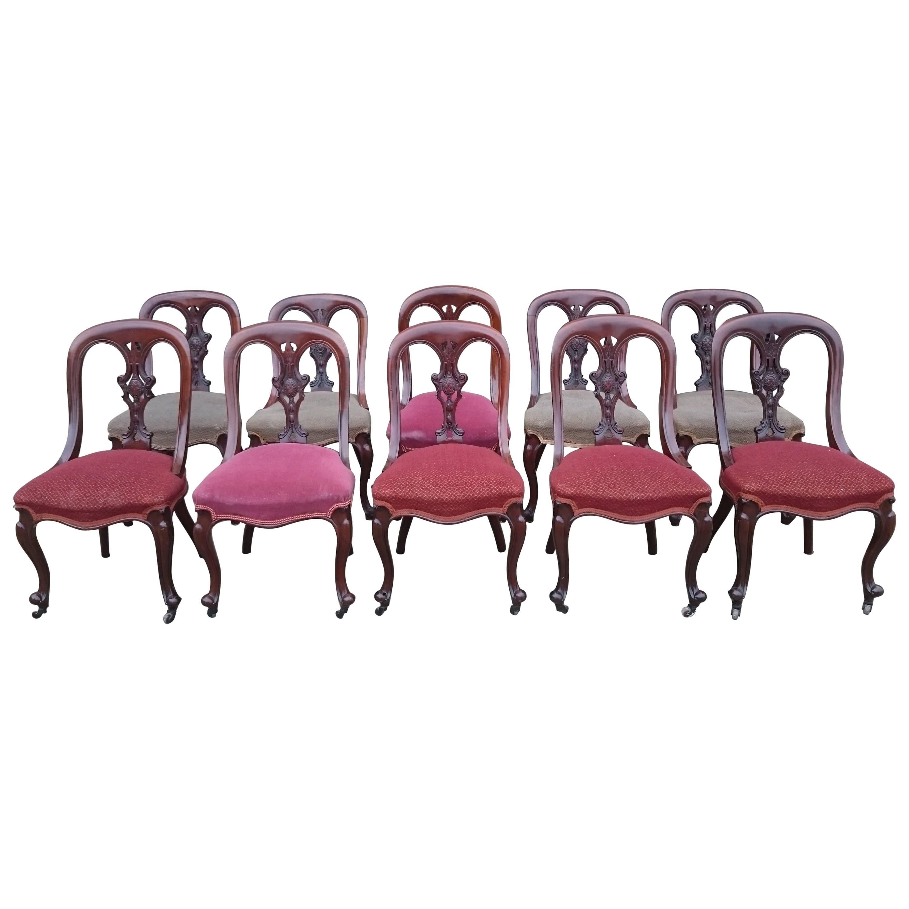 Set of Ten Victorian Mahogany Asthetic Movement Dining Chairs For Sale