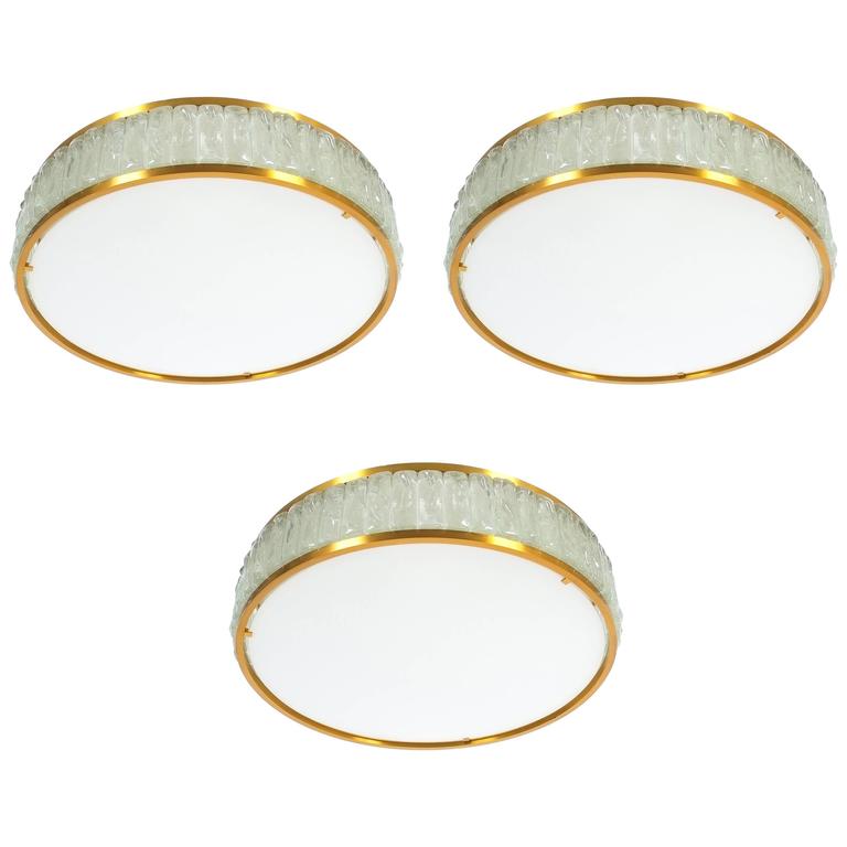 Large French Art Deco Brass and Glass Flush Mounts ceiling lights by