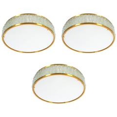 Large French Art Deco Brass and Glass Flush Mounts ceiling lights by Jean Perzel