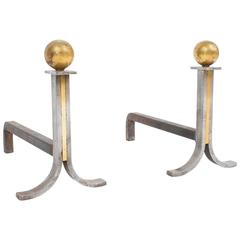 Pair of French Art Deco Andirons from Iron and Brass 