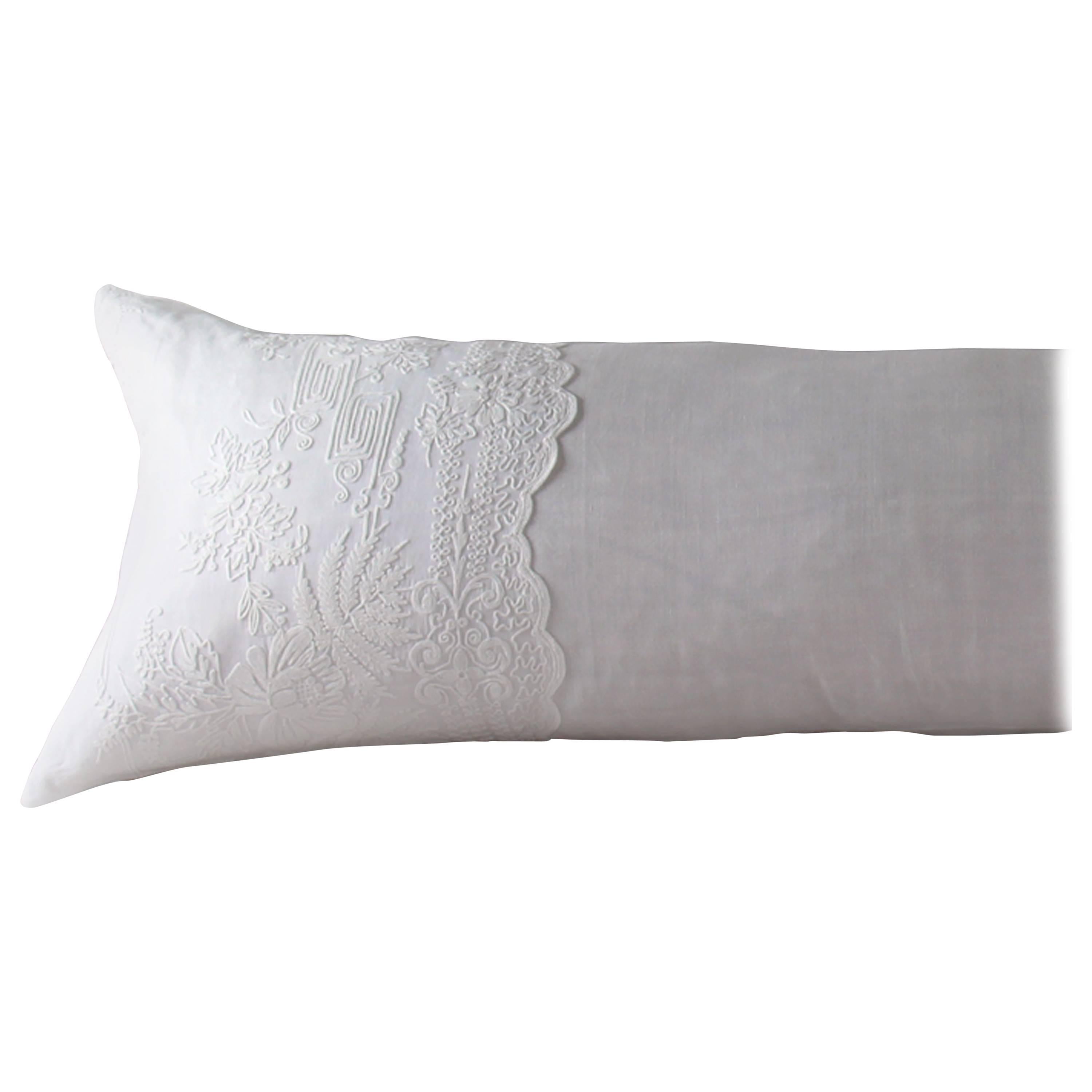 Antique White Linen Bolster with Lovely Cornely Scalloped End Panels For Sale