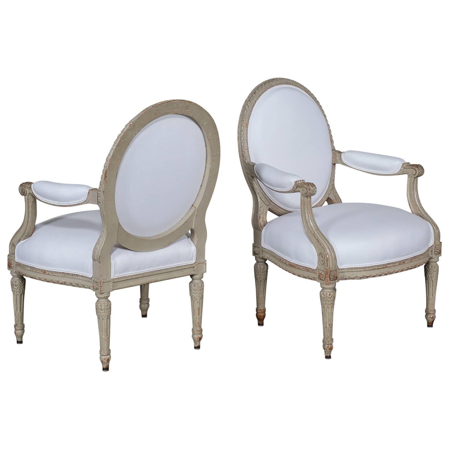 Pair of Antique French Louis XVI Style Painted Armchairs, circa 1880