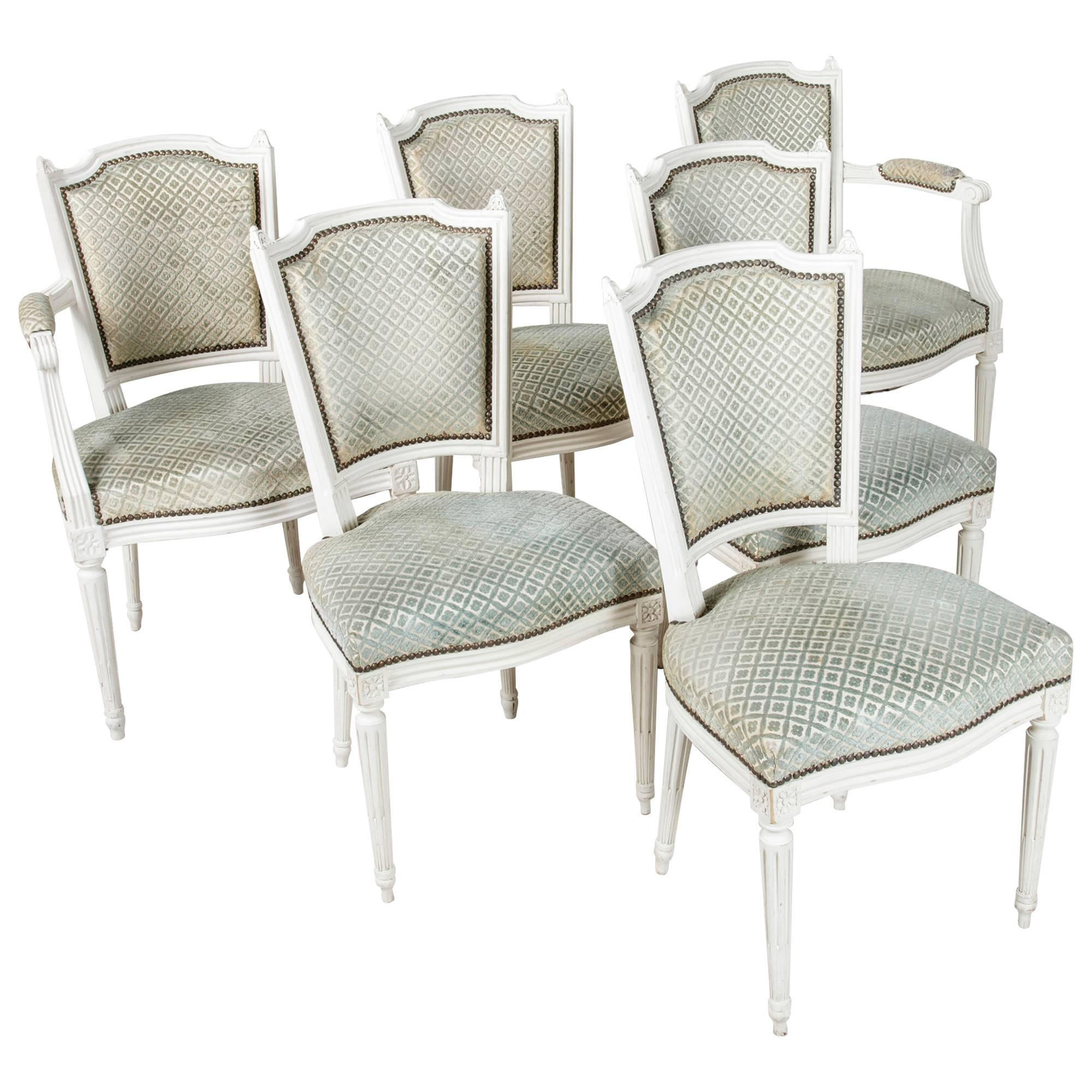 Set of Louis XVI Style Dining Chairs Painted White with Nailhead Upholstery