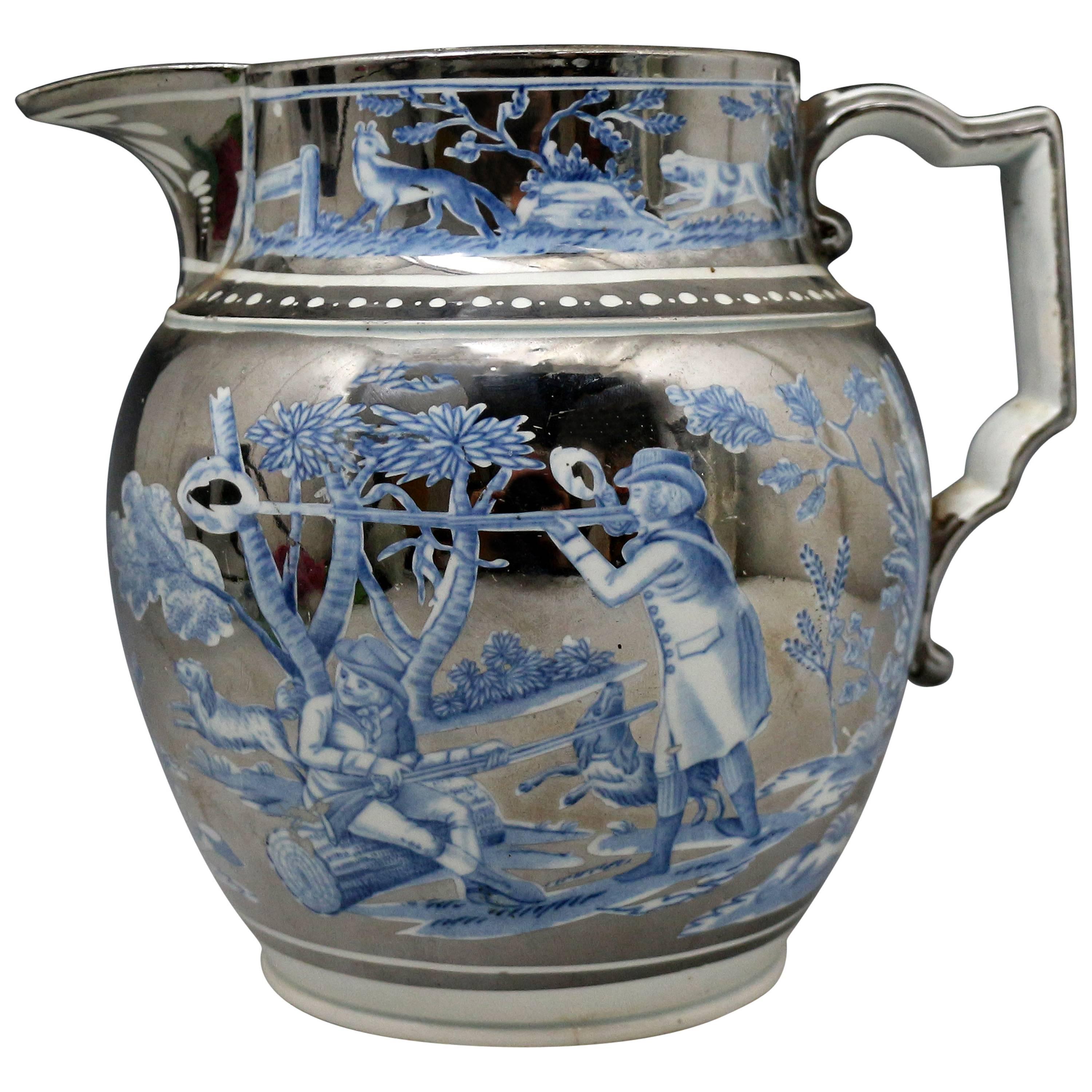 Antique Silver Luster Pottery Pitcher with Underglaze Blue Decoration