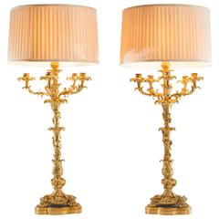 Pair of English Georgian Gilt Candelabra, Wired as Lamps with Silk Shades