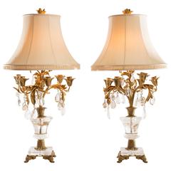 Pair of Rock Crystal and Gilt Bronze Flower Cluster Lamp with Silk Shades