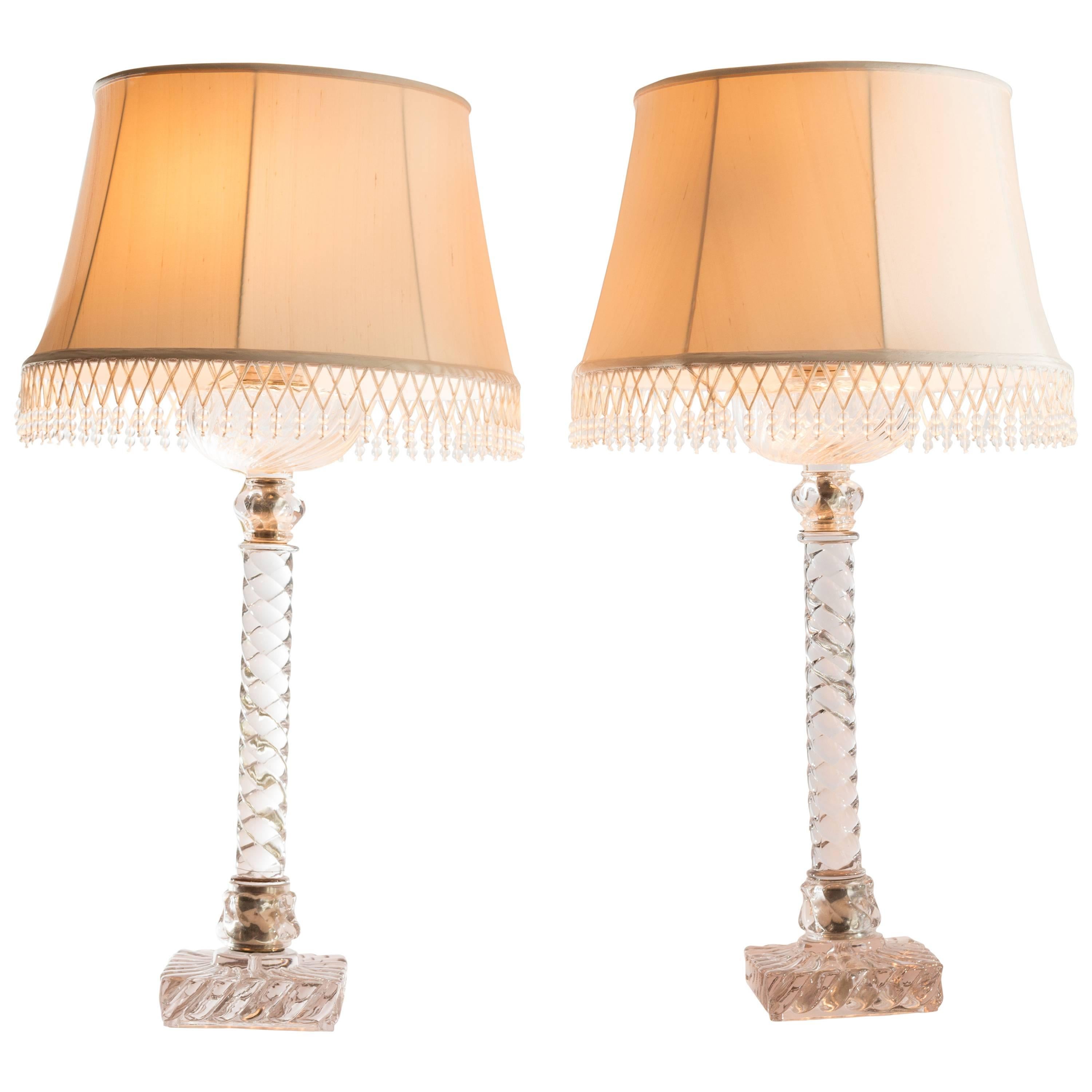 Pair of Baccarat Ropa Column Lamps with Custom Silk Shades For Sale