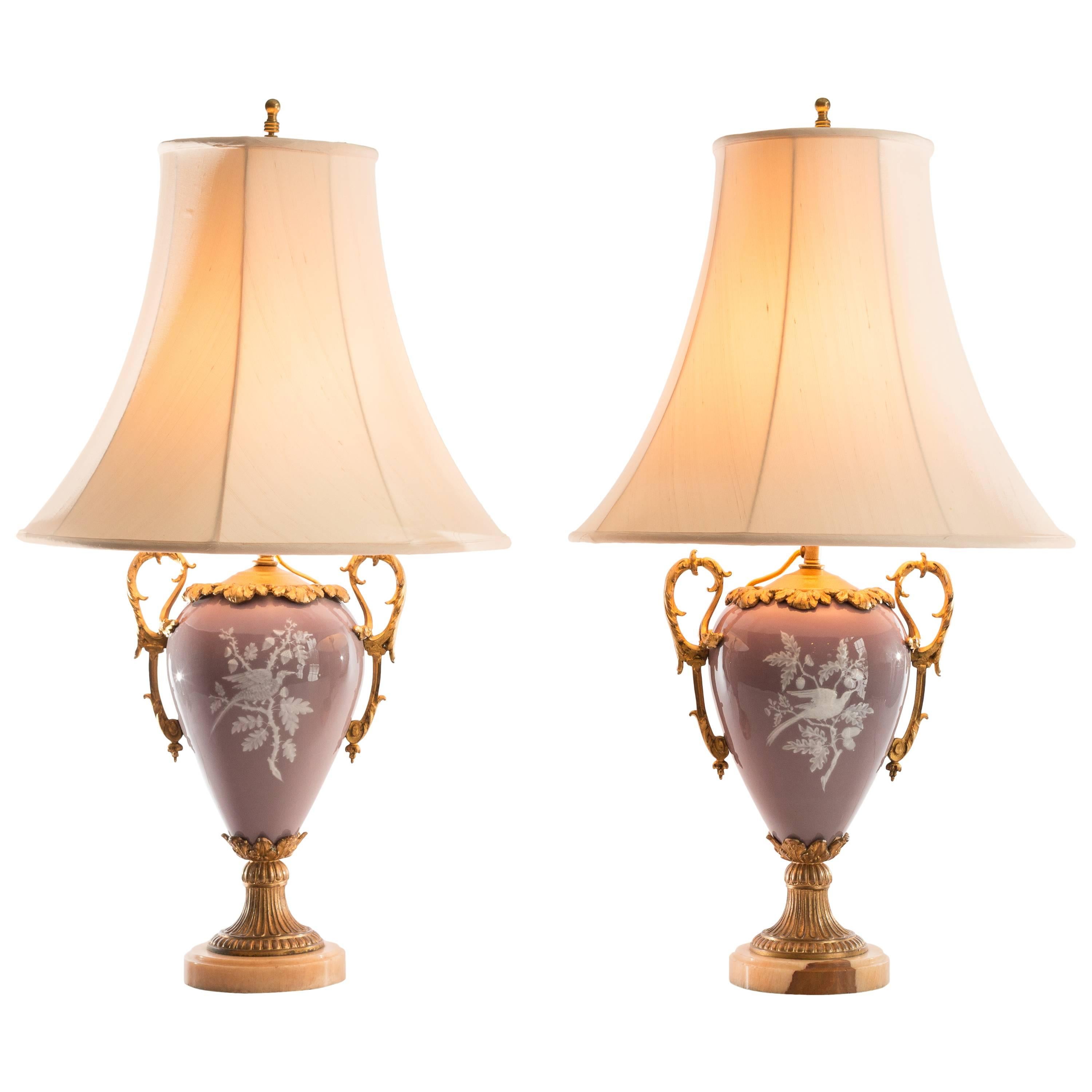 Pair of Lavender Pate-sur-pate Ceramic Lamps with Cupid Design, Silk Shades For Sale