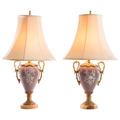 Pair of Lavender Pate-sur-pate Ceramic Lamps with Cupid Design, Silk Shades