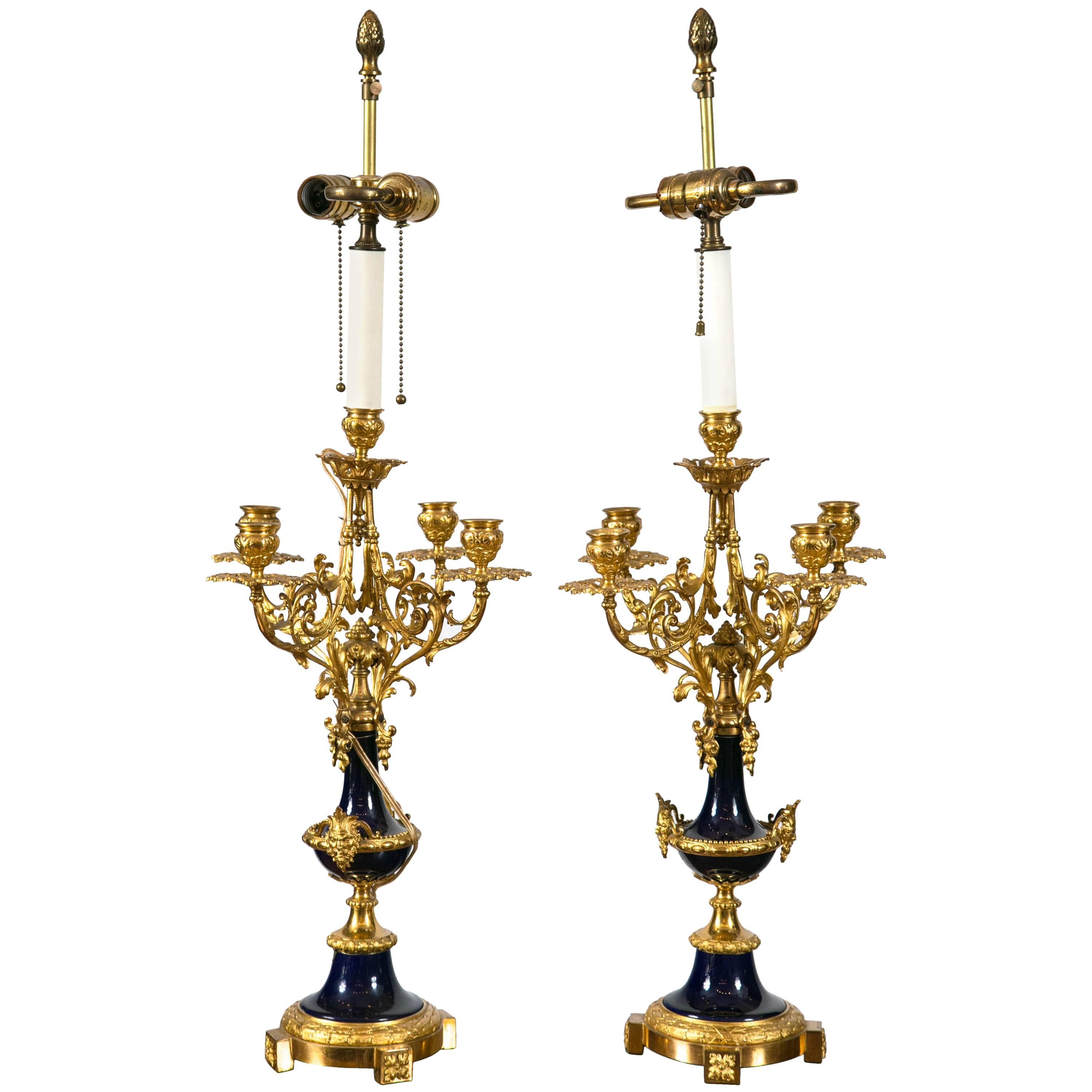 Pair of French Louis XVI Cobalt Blue Porcelain and Ormolu Candelabra Lamps