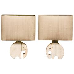 Vintage Fratelli Manelli Table Lamps "Elephants" in Travertine, Pair, Italy, circa 1970