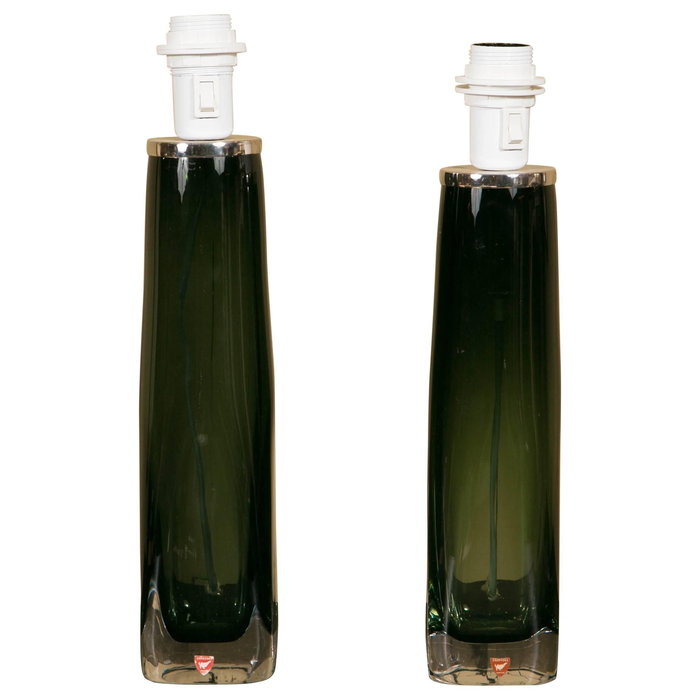 Pair of Green Glass Table Lamps by Carl Fagerlund for Orrefors, circa 1960