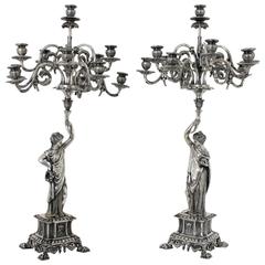 Pair of 19th Century Neoclassical Silvered Brass Eleven-Light Figural Candelabra 2