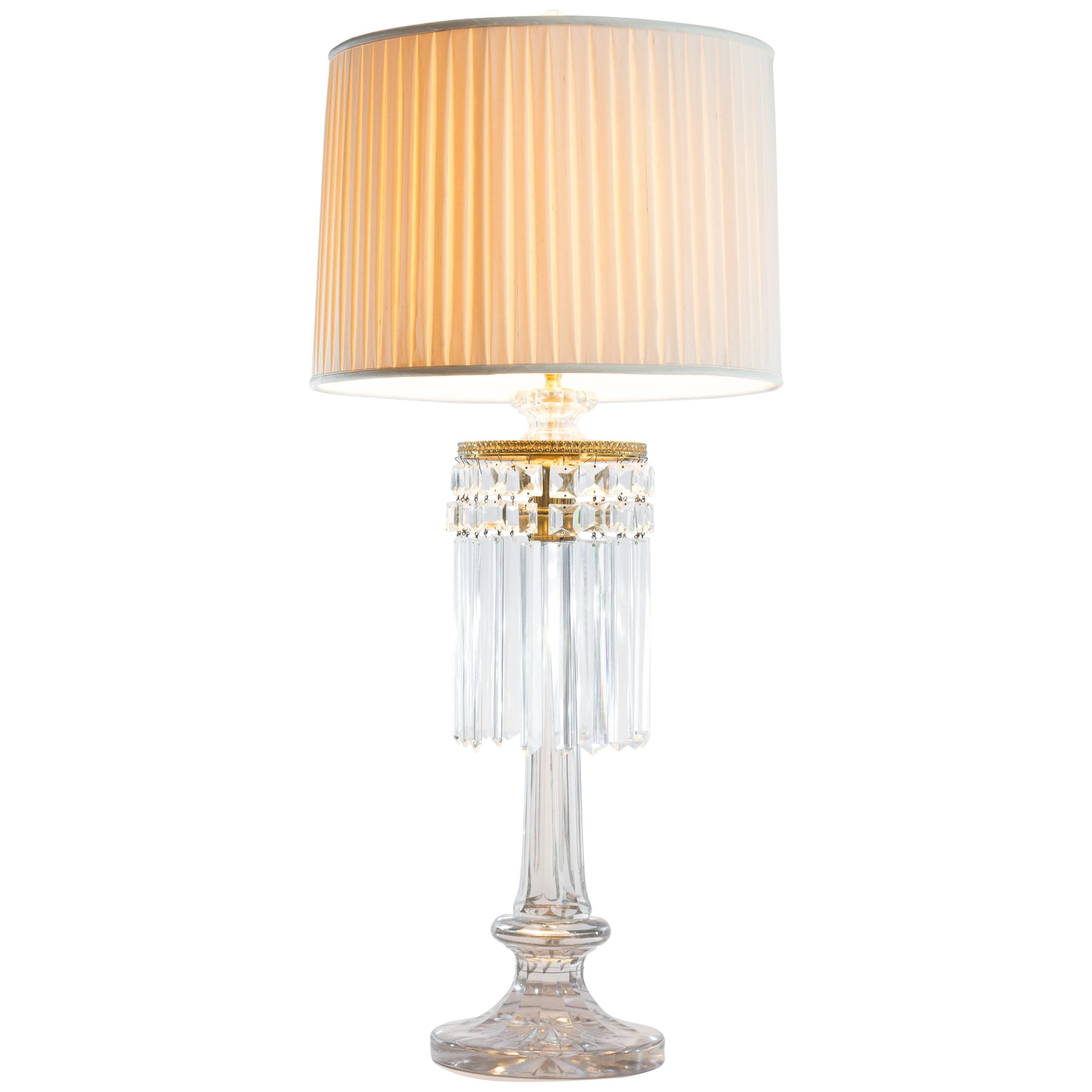 English Crystal Column Lamp with Custom Silk Shade For Sale