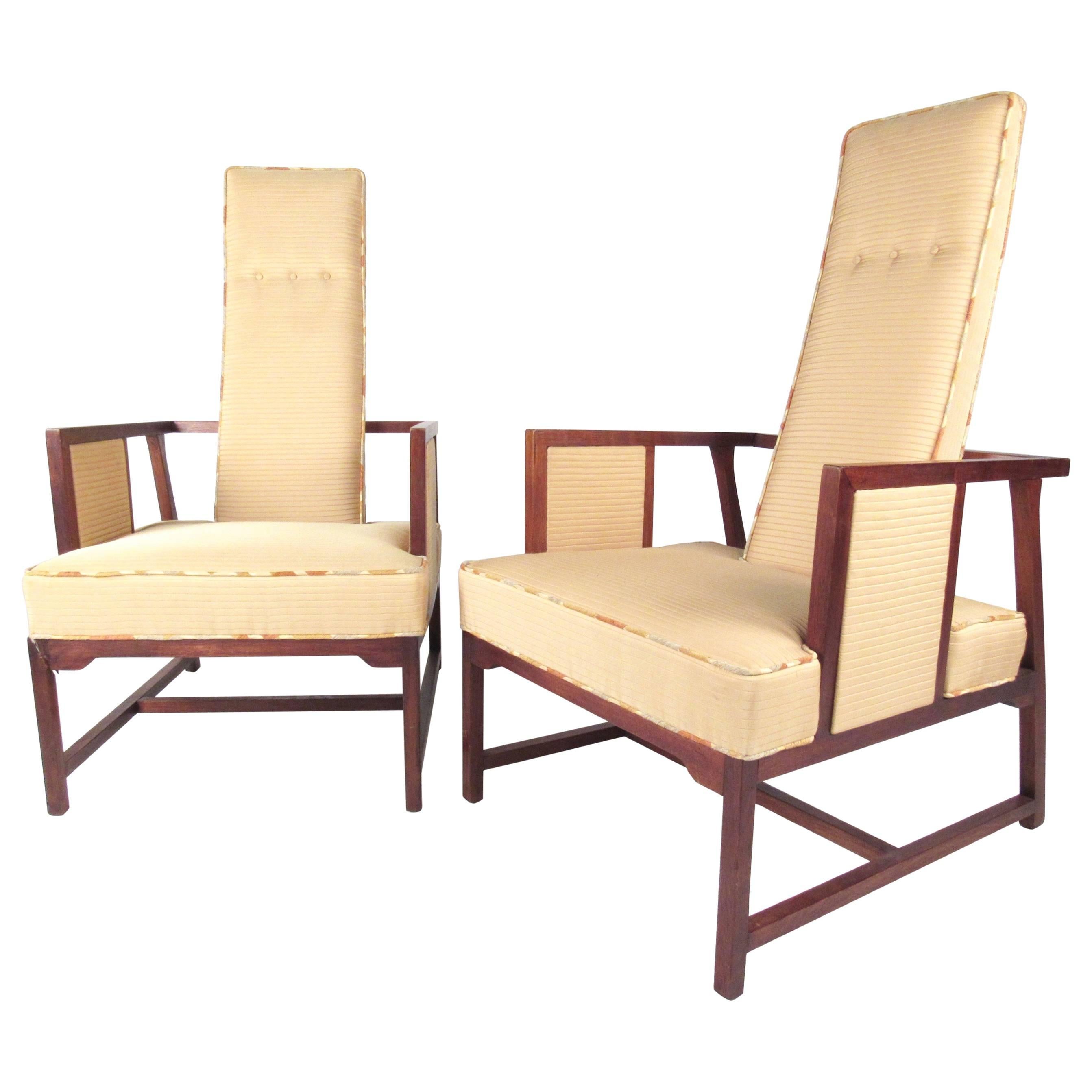 Mid-Century Modern Pair Sculptural Teak High Back Armchairs