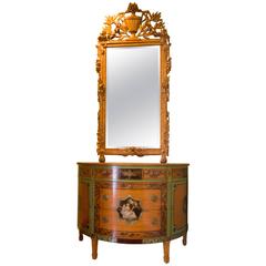 Victorian George III Demilune Satinwood Cabinet and Mirror