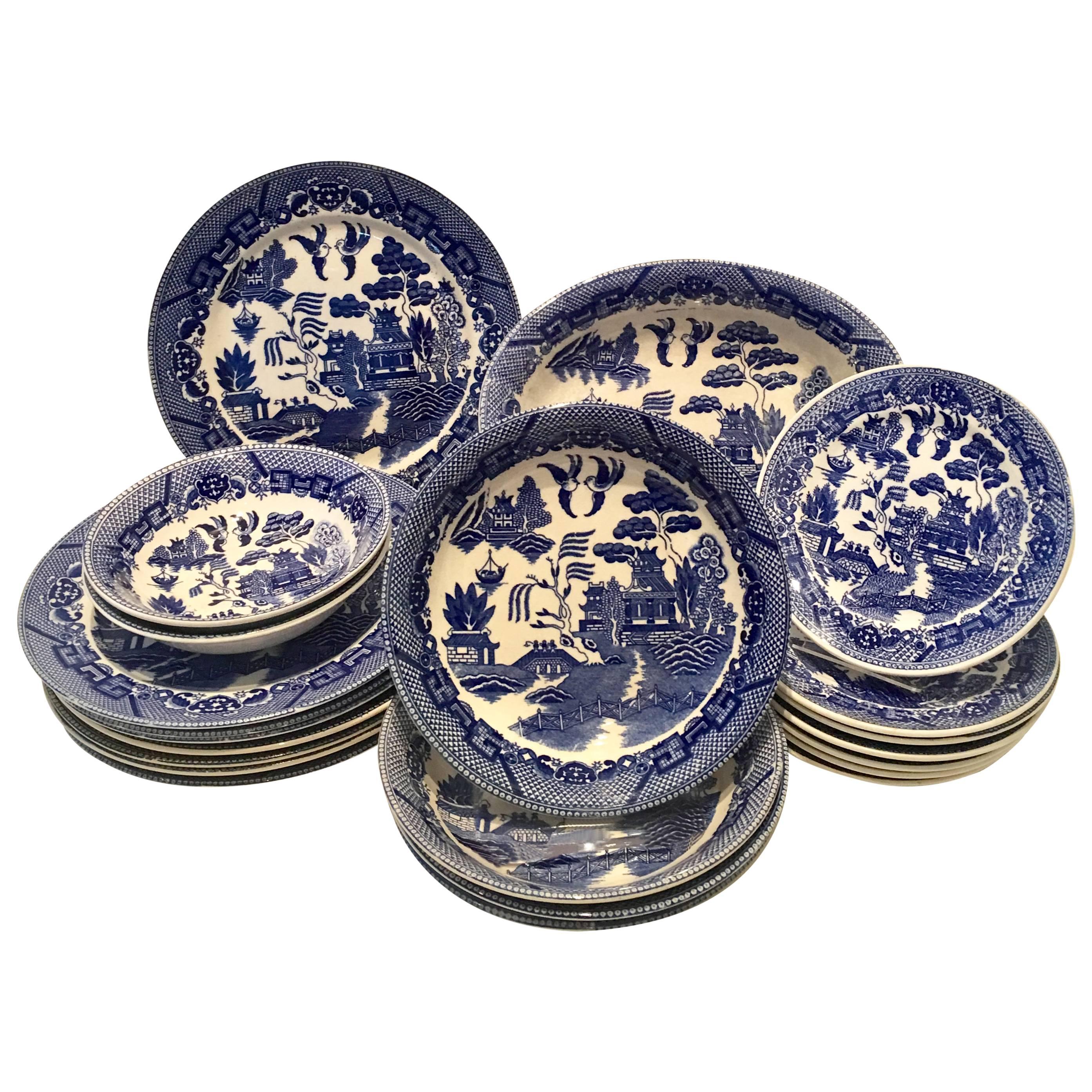 1920s Japanese 23 Piece Ceramic "Blue Willow" Dish Set