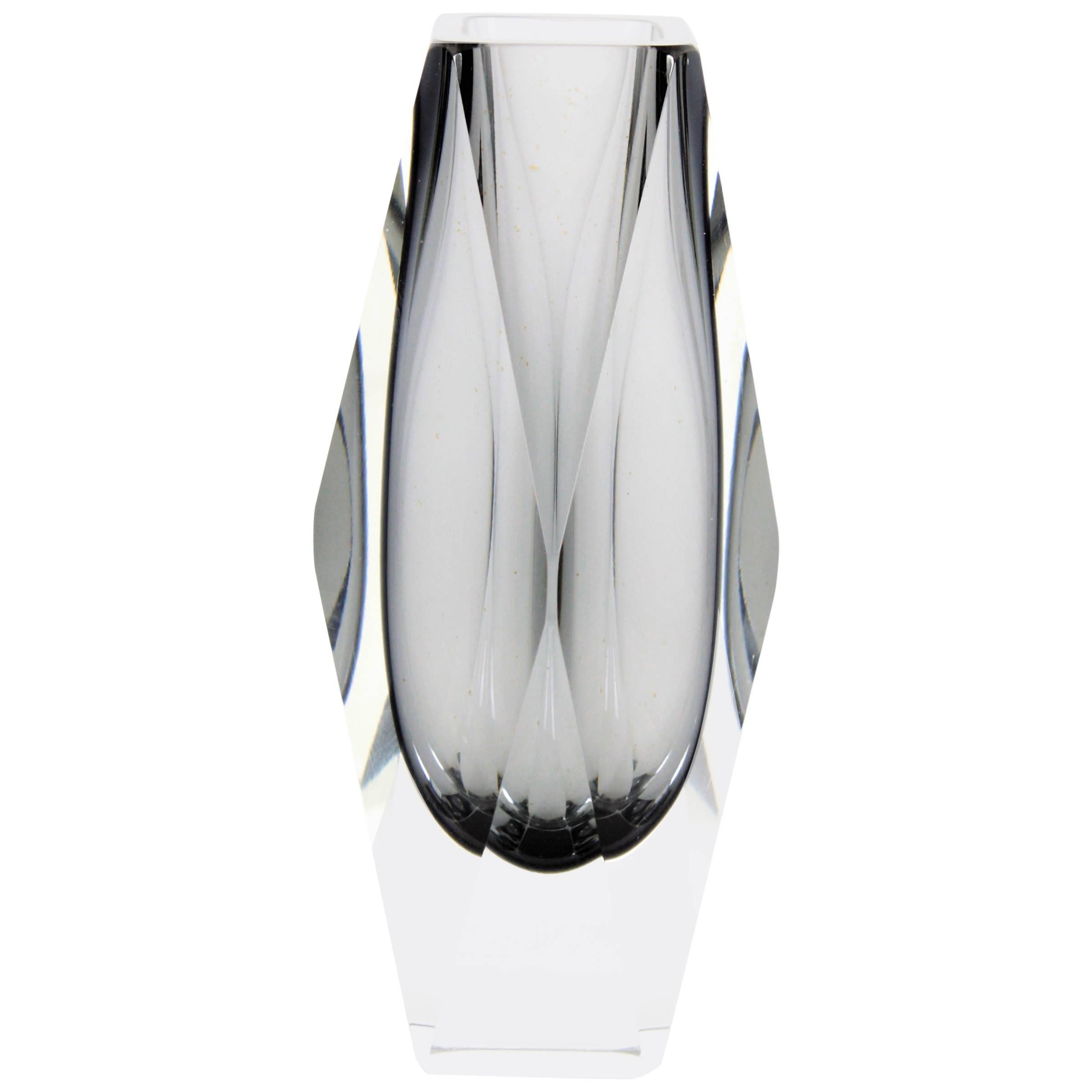 Midcentury Mandruzzato Smoked Grey and Clear Faceted Sommerso Murano Glass Vase