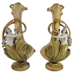 Late 19th Century Pair of Imperial Amphora Art Nouveau Vases, Lily with Girls