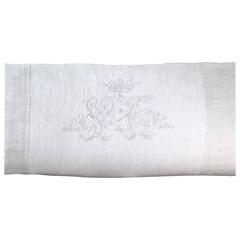 Rare Antique White French Embroidered VC Monogram with Crown on Linen Bolster