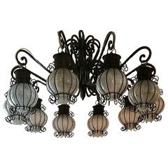 Ten-Light Iron Chandelier with Crackle Glass Shades