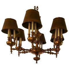 French 18 Light Bronze Bouillotte Chandelier with Tole Shades