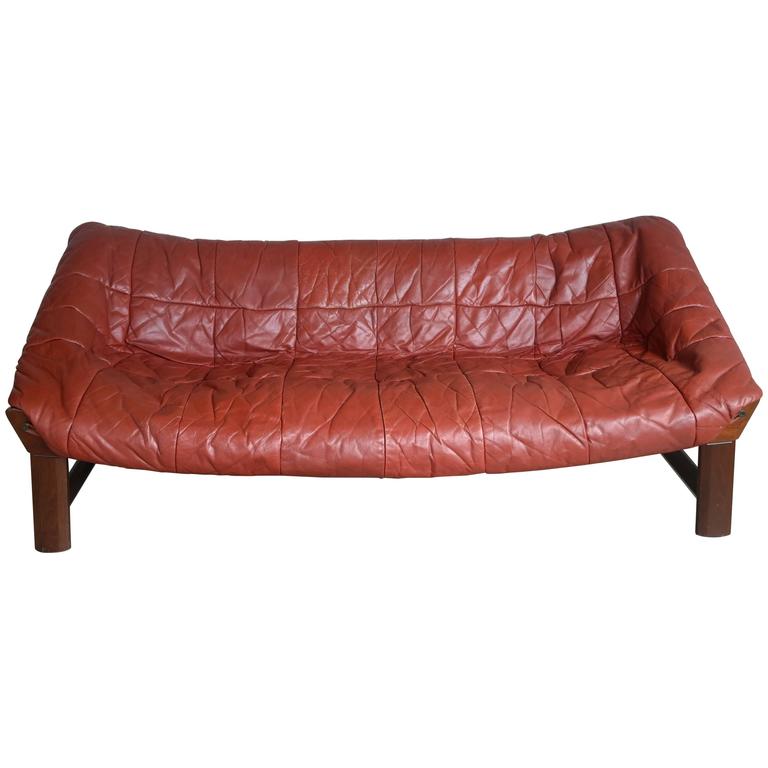 Percival Lafer Style Sofa In Leather And Rosewood Stained Beech By Ekornes