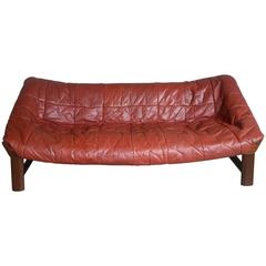 Retro Percival Lafer Style Sofa in Leather and Rosewood Stained Beech by Ekornes
